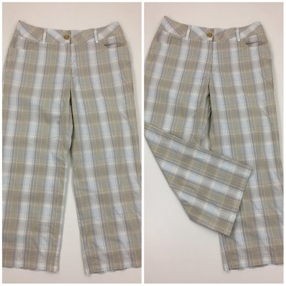BUGATCHI Multi Color Plaid Gold Logo Button Bermuda Shorts/Cropped Pants - Picture 1 of 8